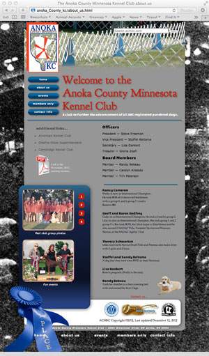 Page two of a web site designed for Anoka County Minnesota Kennel Club