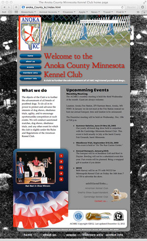 Page one of a web site designed for Anoka County Minnesota Kennel Club